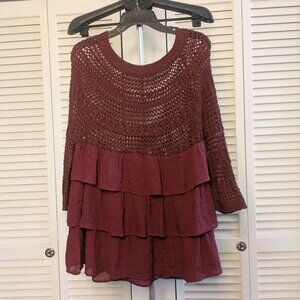Unbranded-sz.L. Burgundy, Crocheted/Ruffled Blouse